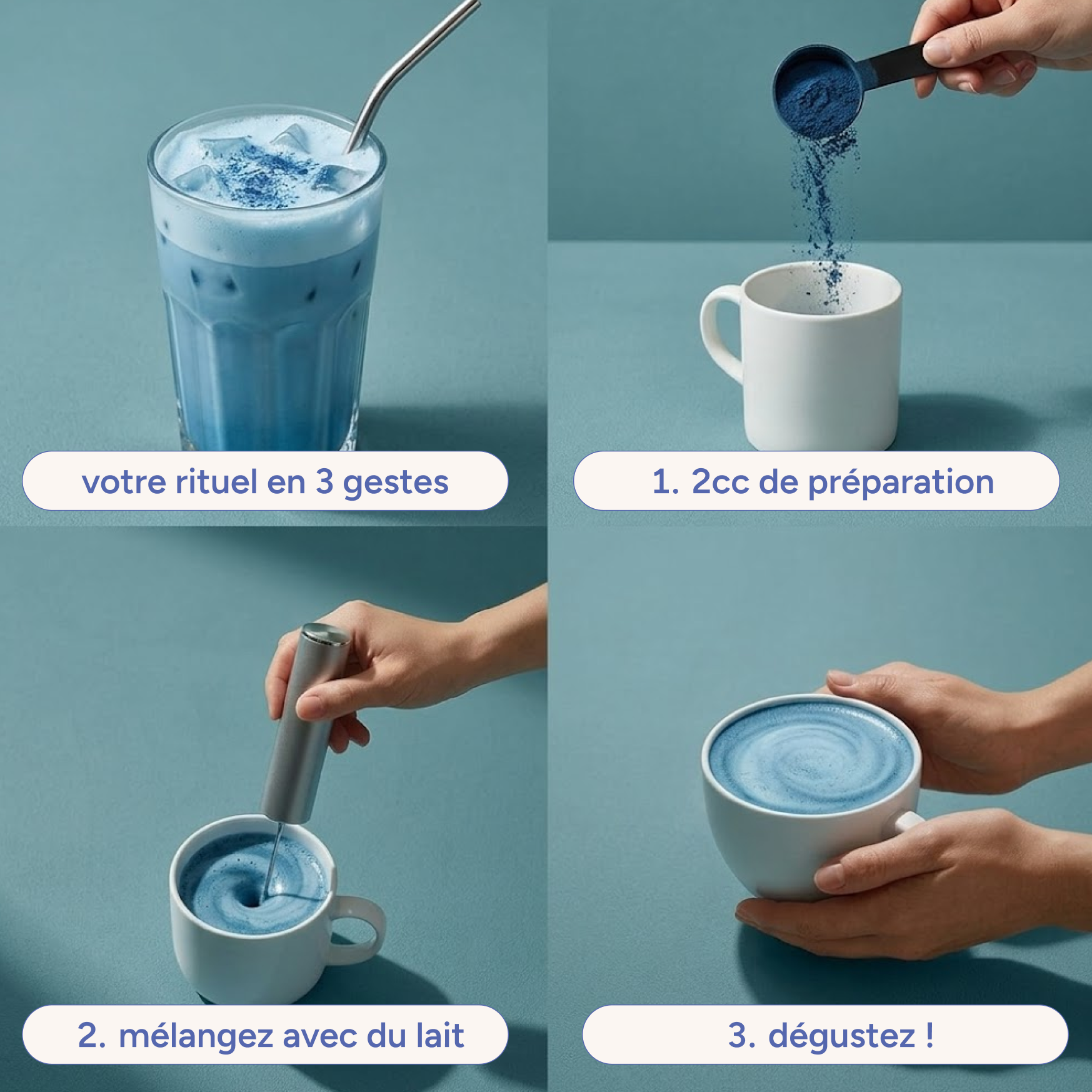 Préparation du blue moon milk en 3 étapes : poudre, lait et mélange, dégustation
