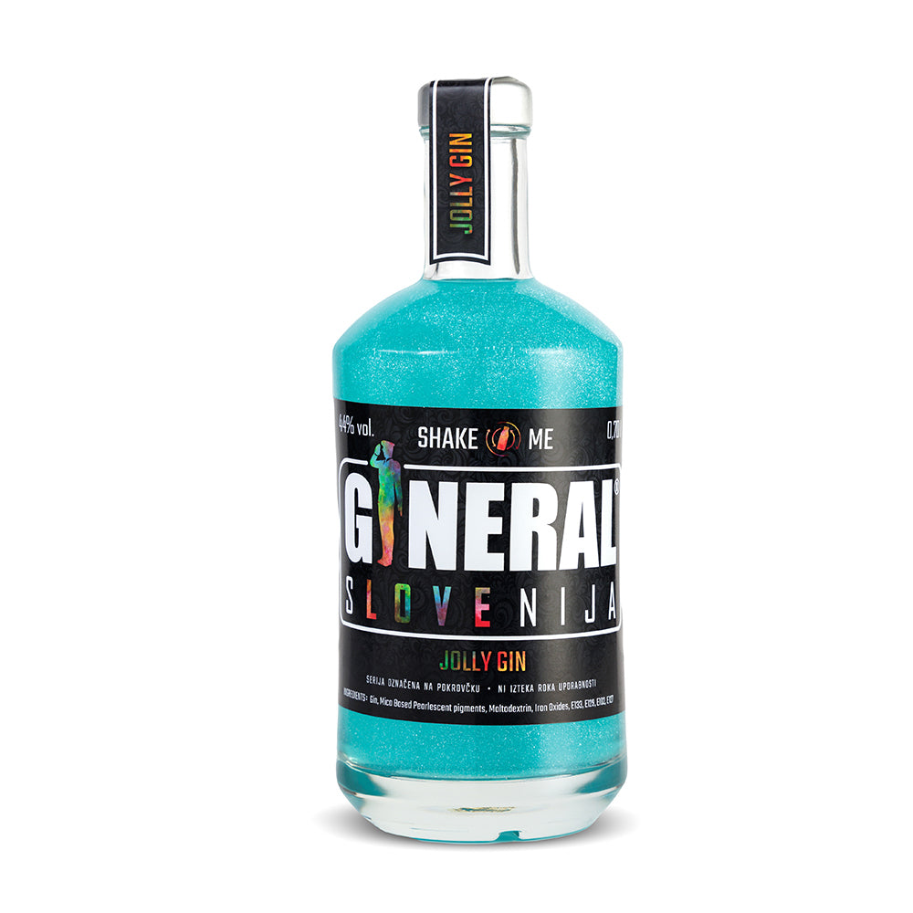 Blue-turquoise gin bottle with a bold black label and white block text.