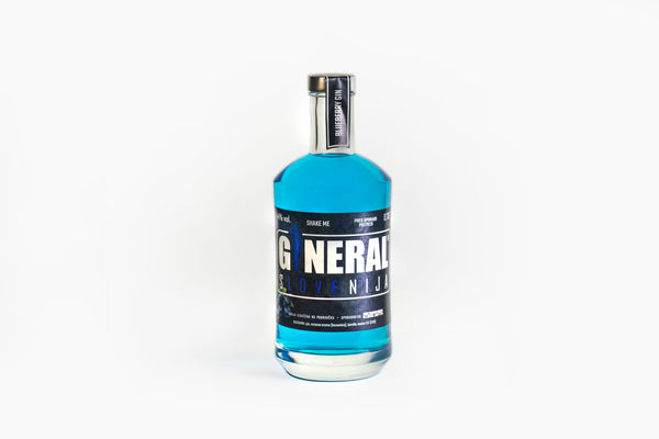 Blue blueberry gin bottle with a black label, centered on a white background.