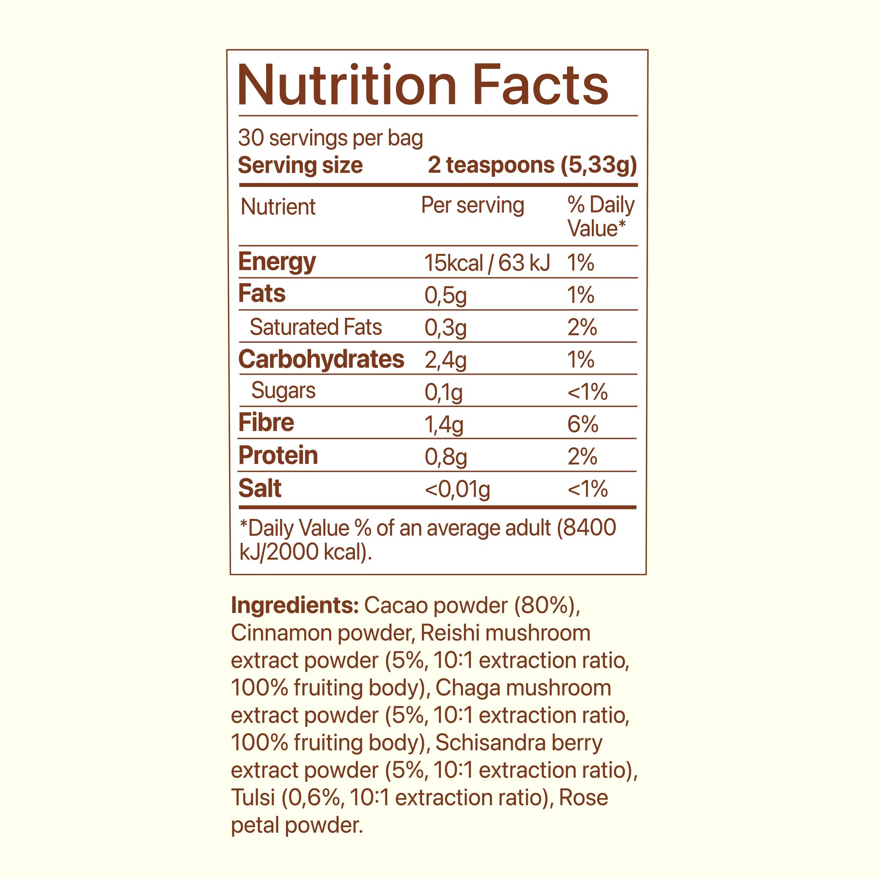 Cacao Balance supplement facts and nutrition label