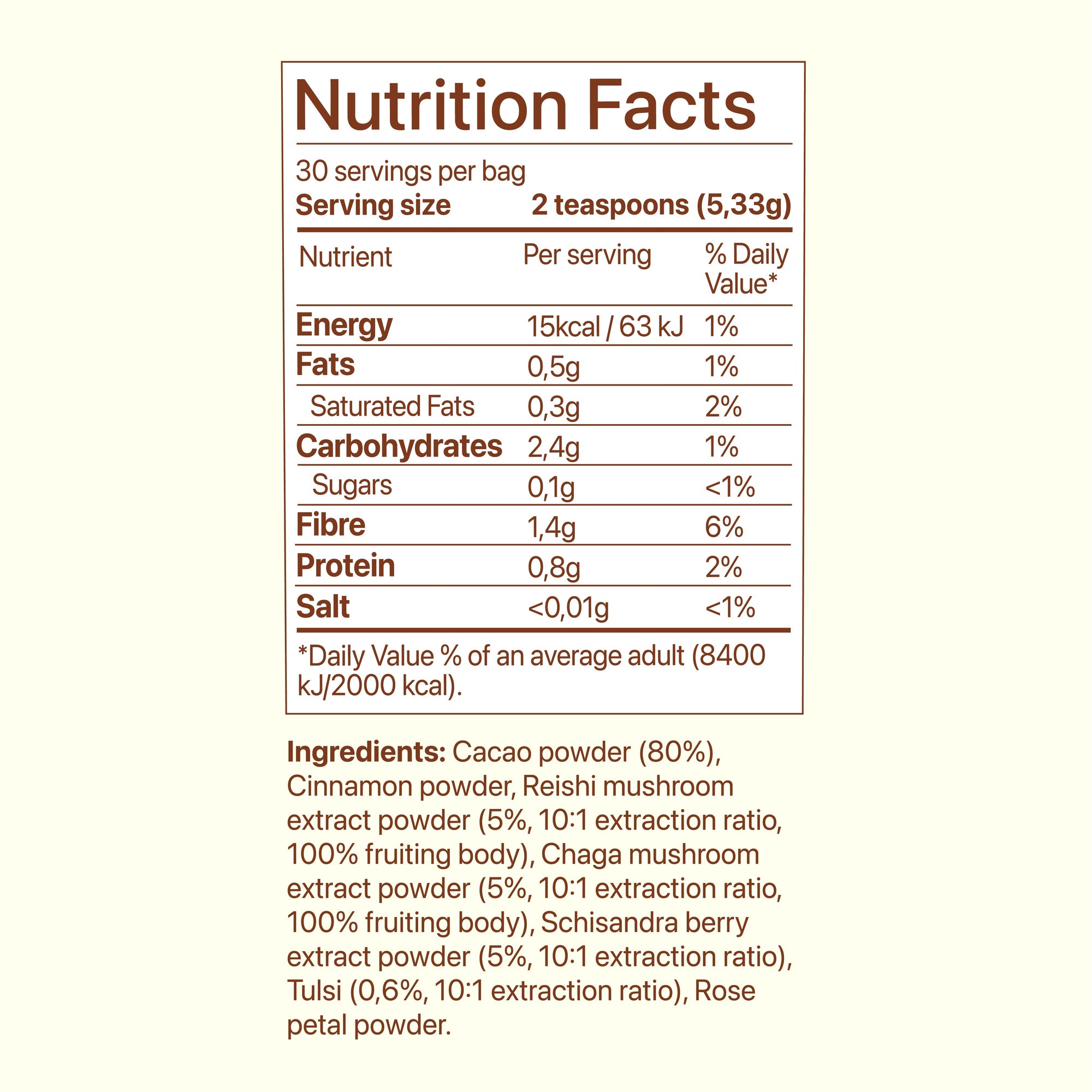 Cacao Balance supplement facts and nutrition label