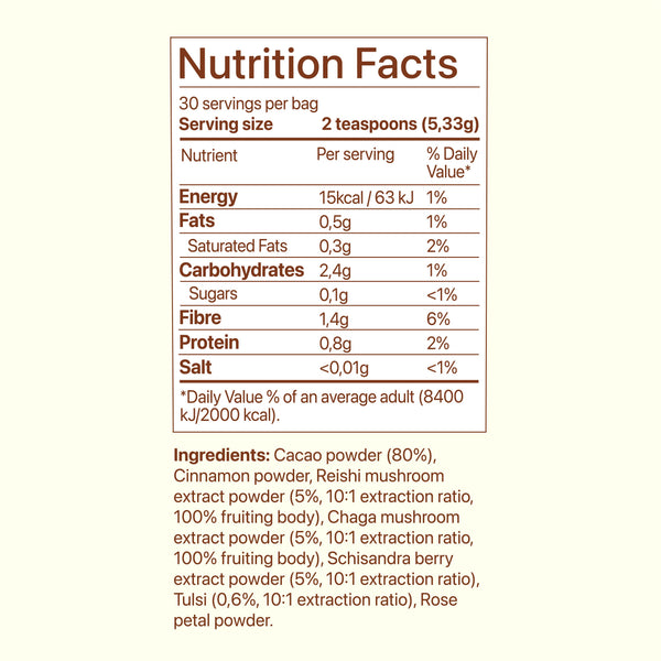 Cacao Balance supplement facts and nutrition label