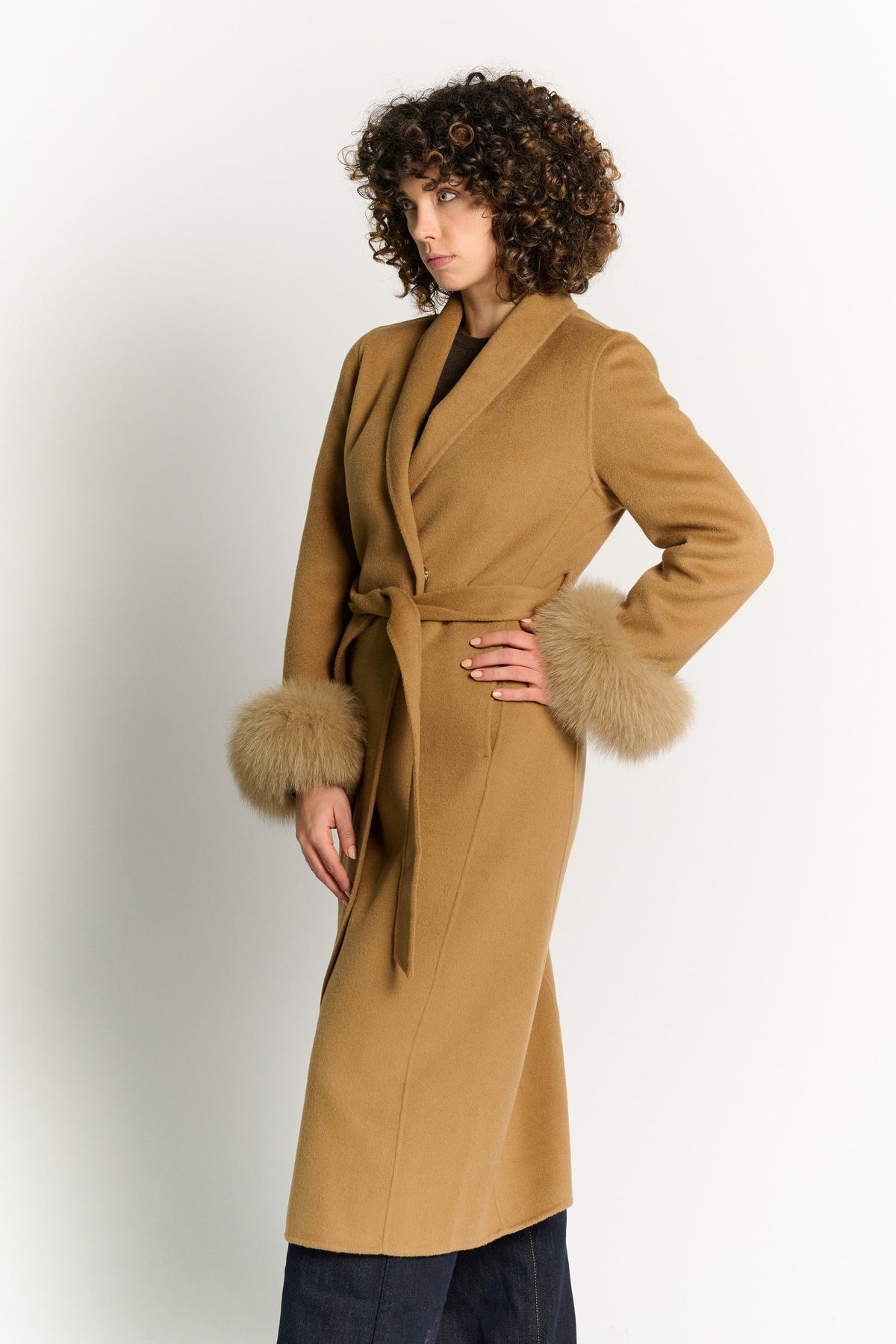Long Coat with Belt and Camel Sleeves