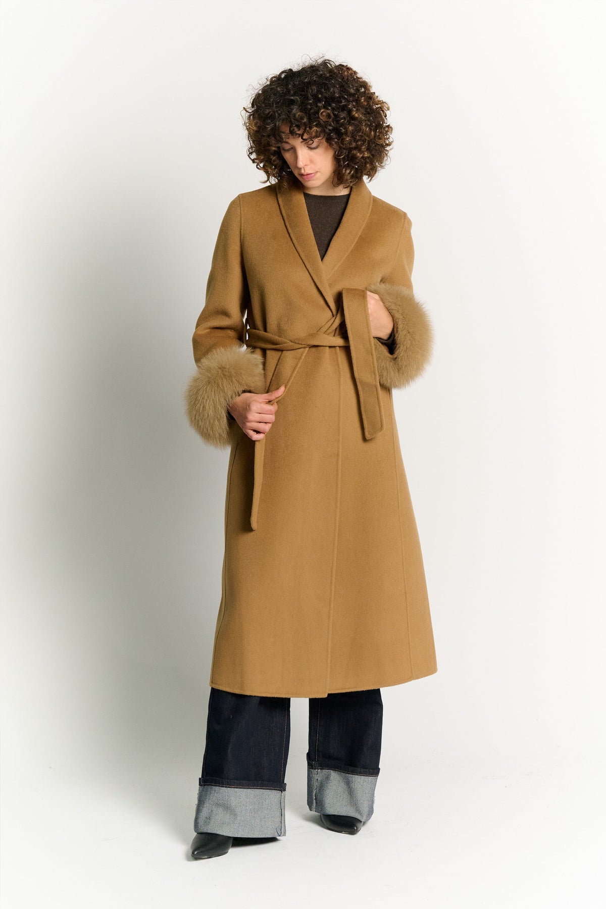 Long Coat with Belt and Camel Sleeves
