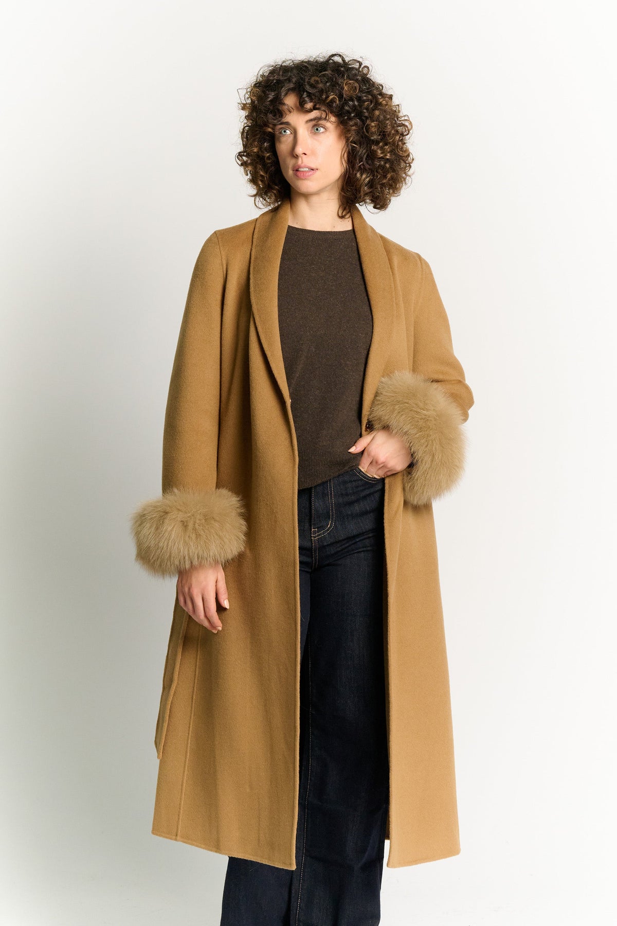 Long Coat with Belt and Camel Sleeves