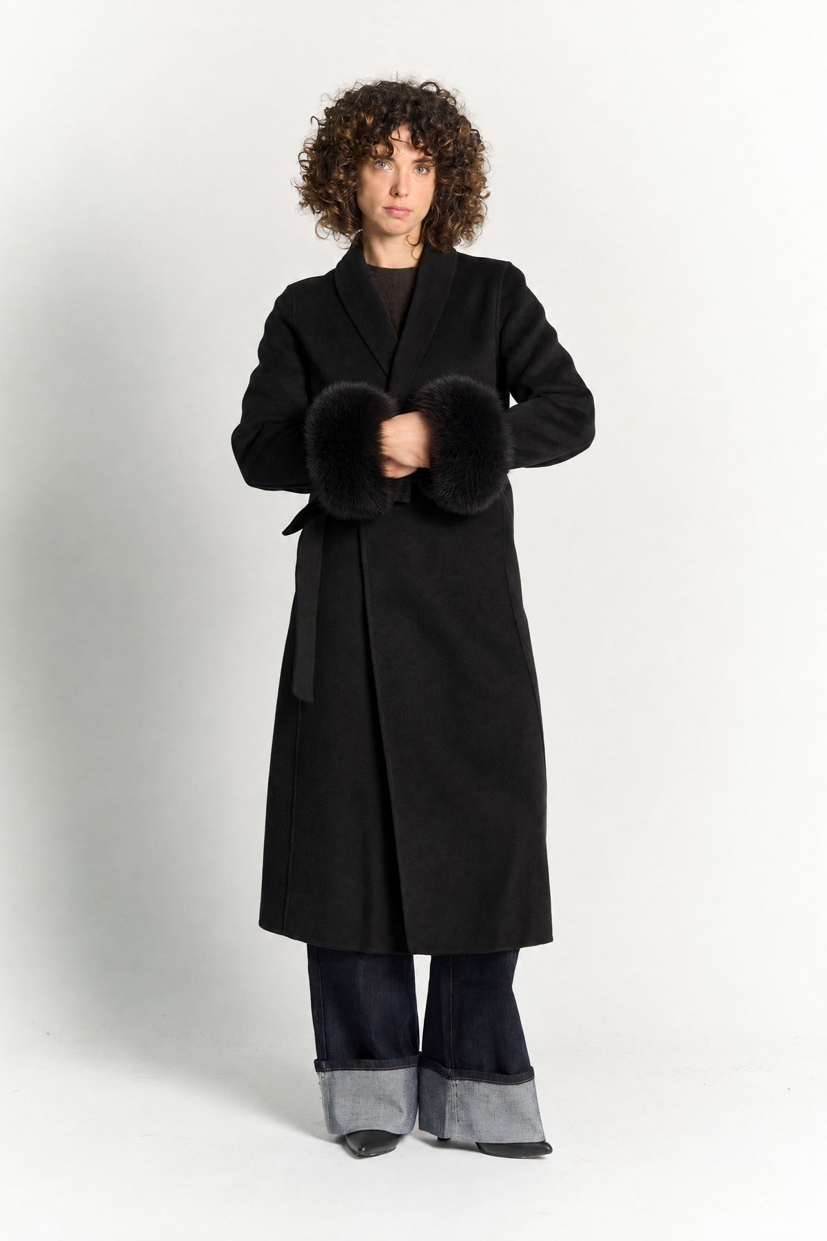 Long Coat with Belt and Black Sleeves