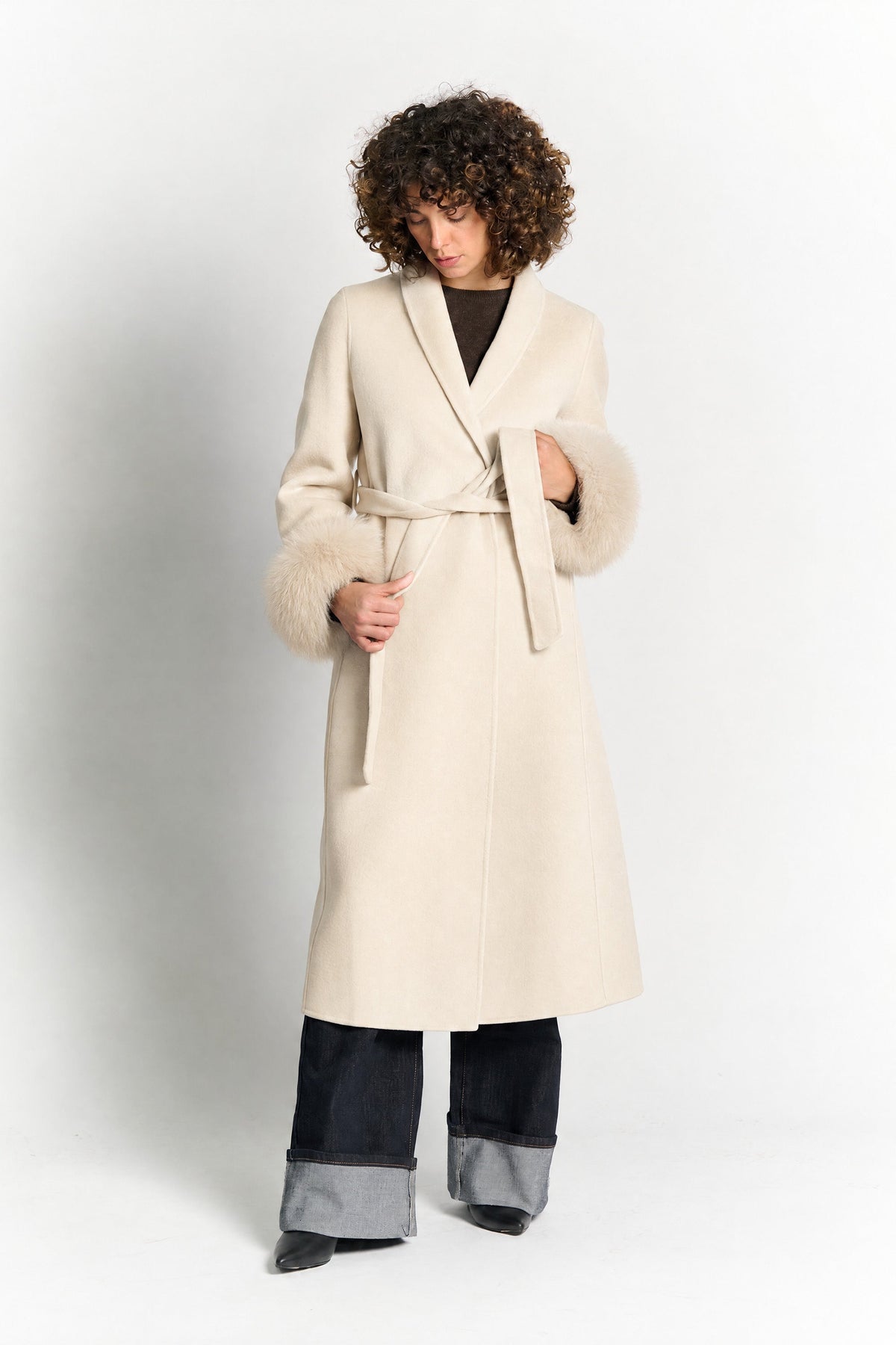 Long Coat with Belt and Cream Sleeves