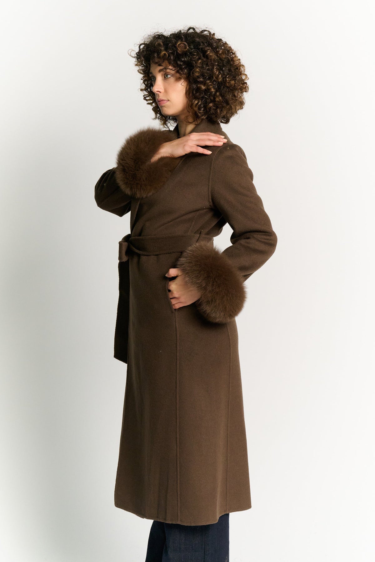 Long Coat with Belt and Dark Brown Fur Sleeves