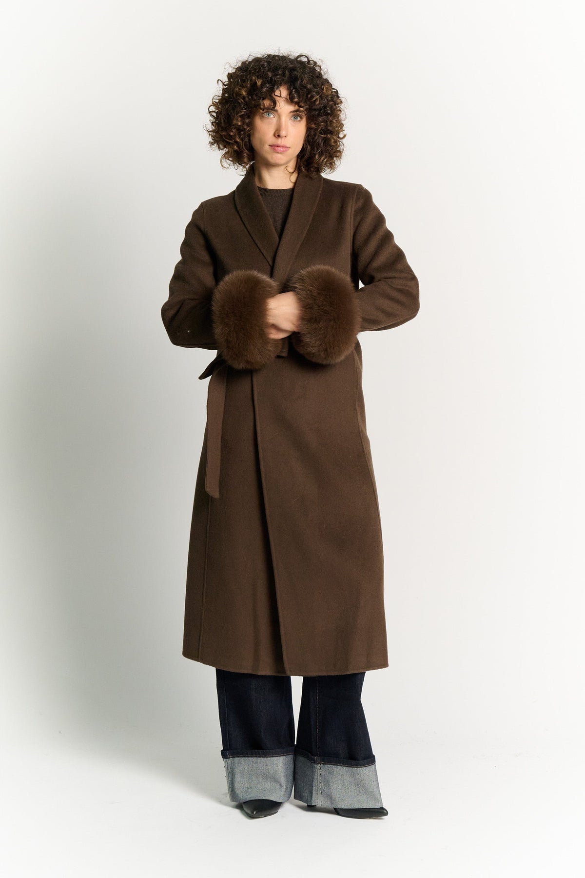 Long Coat with Belt and Dark Brown Fur Sleeves
