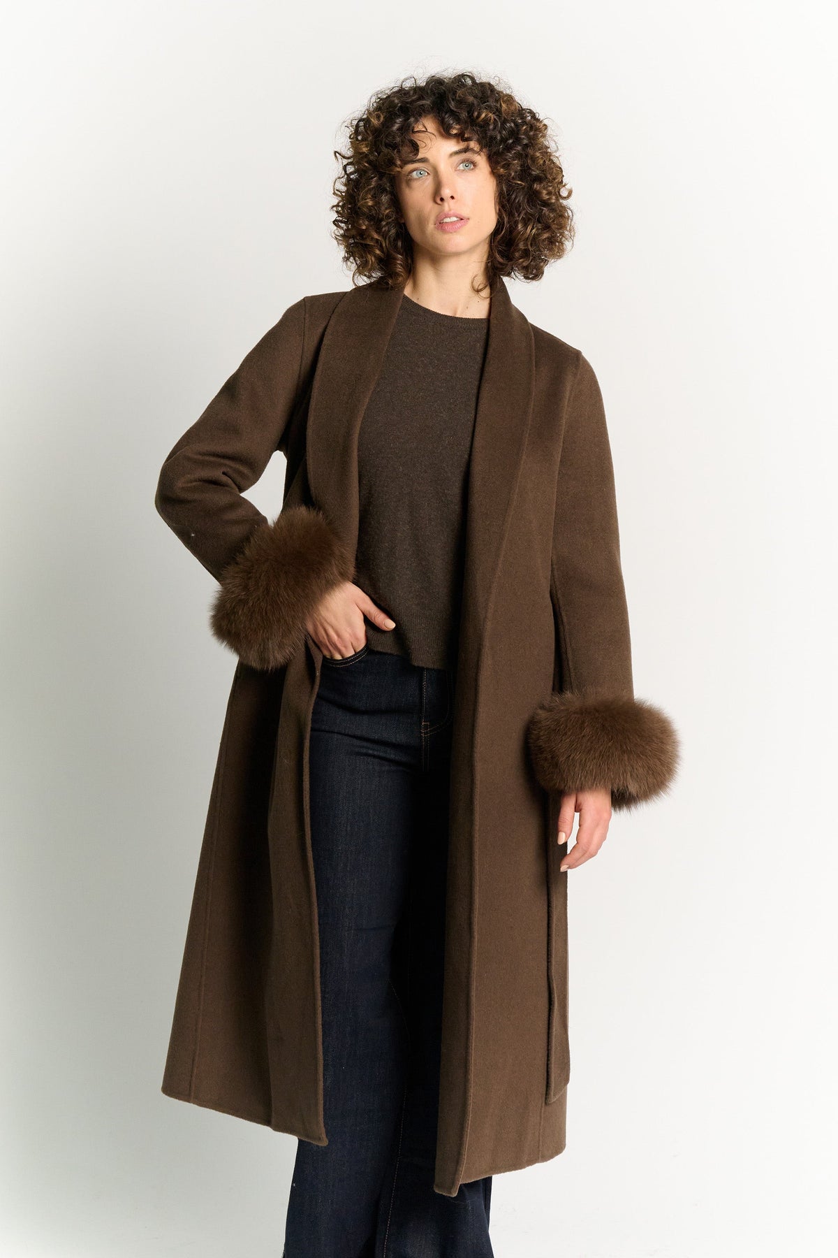 Long Coat with Belt and Dark Brown Fur Sleeves