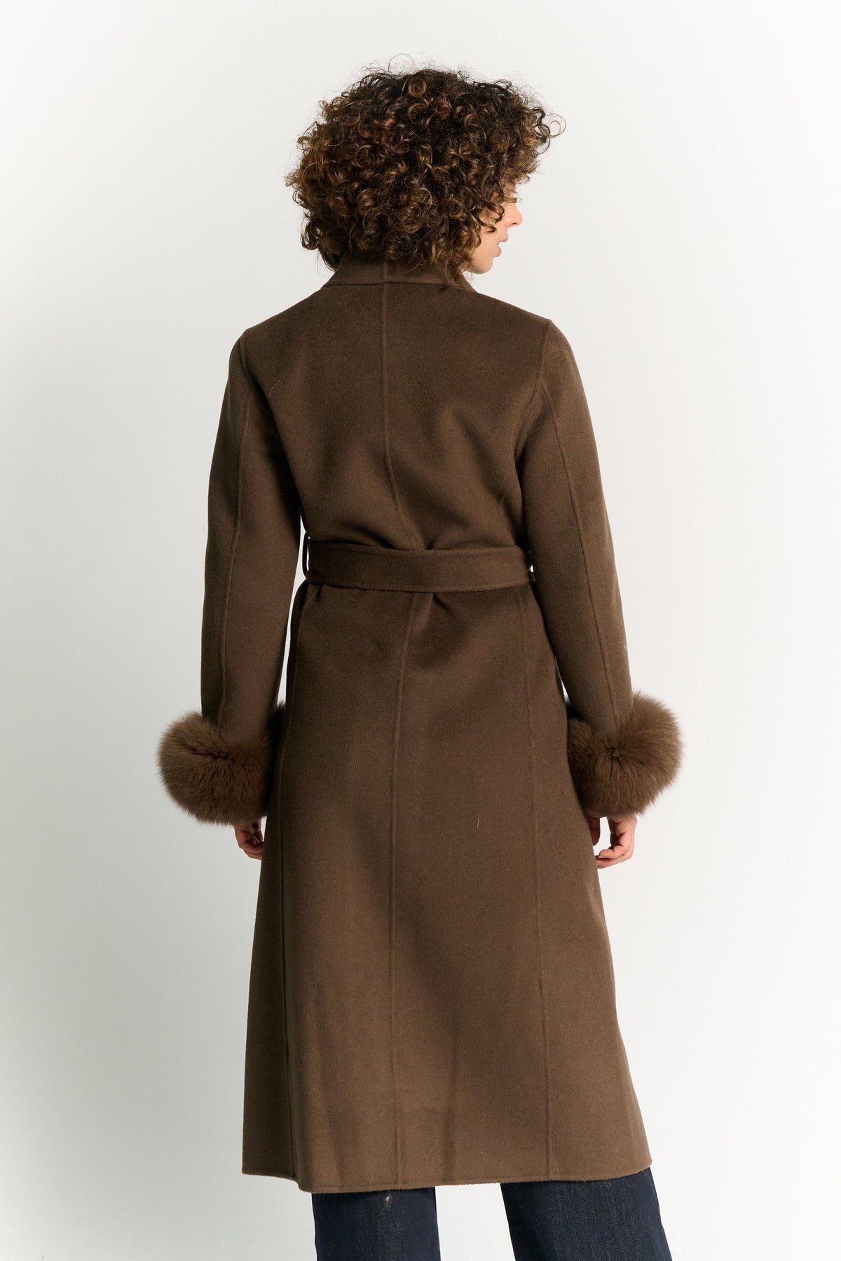 Long Coat with Belt and Dark Brown Fur Sleeves