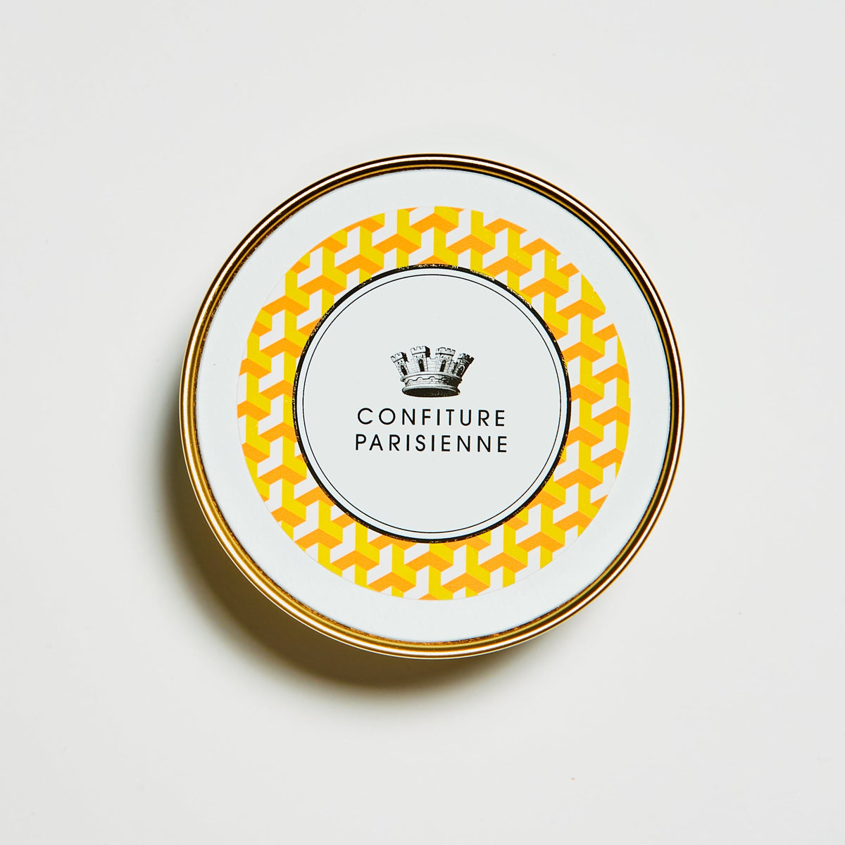 Couvercle du pot Carotte Passion Vanille vu de dessus, motif jaune et logo Confiture Parisienne