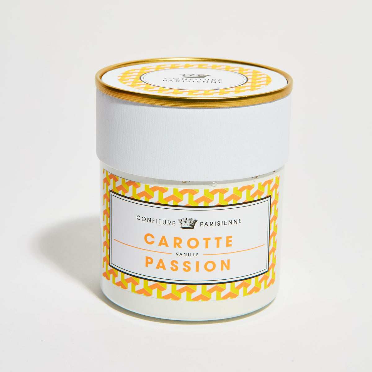 Pot Carotte Passion Vanille à l'étiquette jaune et orange, photographié sur fond blanc