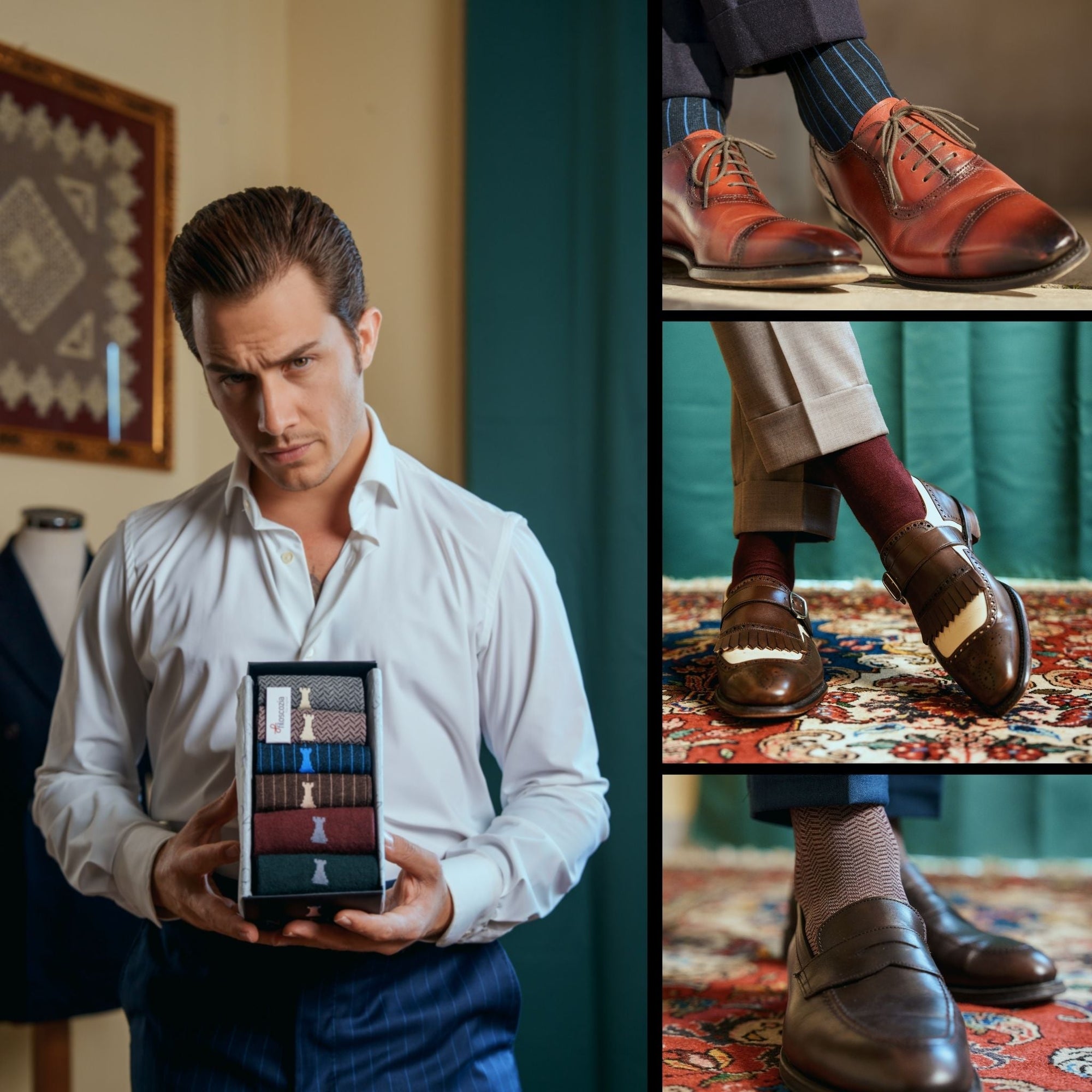 Mattia Raguzzini Capsule Collectie Doos | 2 x Fijn Rib Filoscozia® / 2 x Houndstooth Filoscozia® / 2 x Effen Kleur Merino