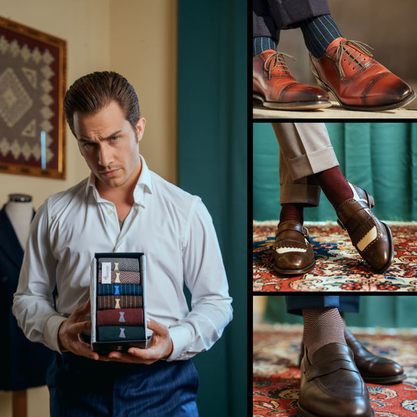 Boîte de la collection capsule Mattia Raguzzini | 2 x Filoscozia® à côtes fines / 2 x Filoscozia® à motif pied-de-poule / 2 x Merino uni