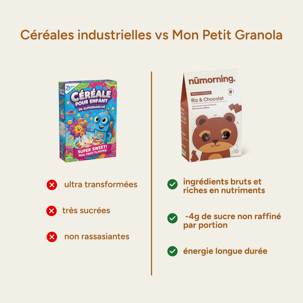 Comparatif céréales enfant industrielles vs nümorning : ingrédients bruts, moins de sucre, énergie longue durée