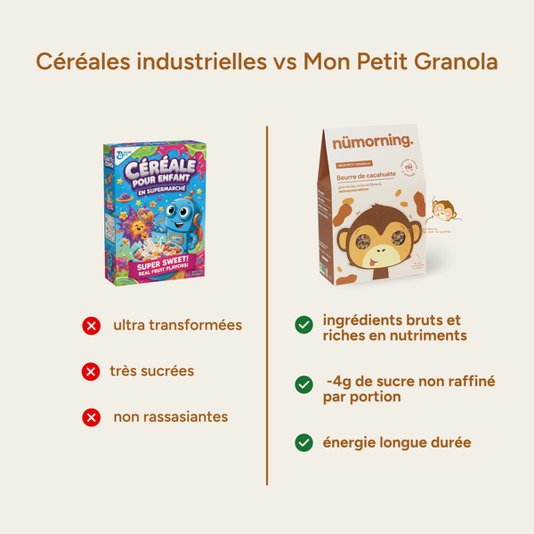 Comparatif céréales enfant industrielles vs nümorning : ingrédients bruts, moins de sucre, énergie longue durée