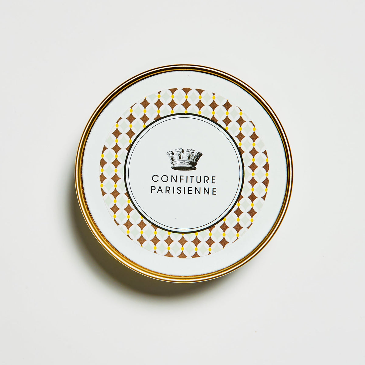 Couvercle du pot Châtaigne Poire vu de dessus, motif losanges dorés et logo Confiture Parisienne