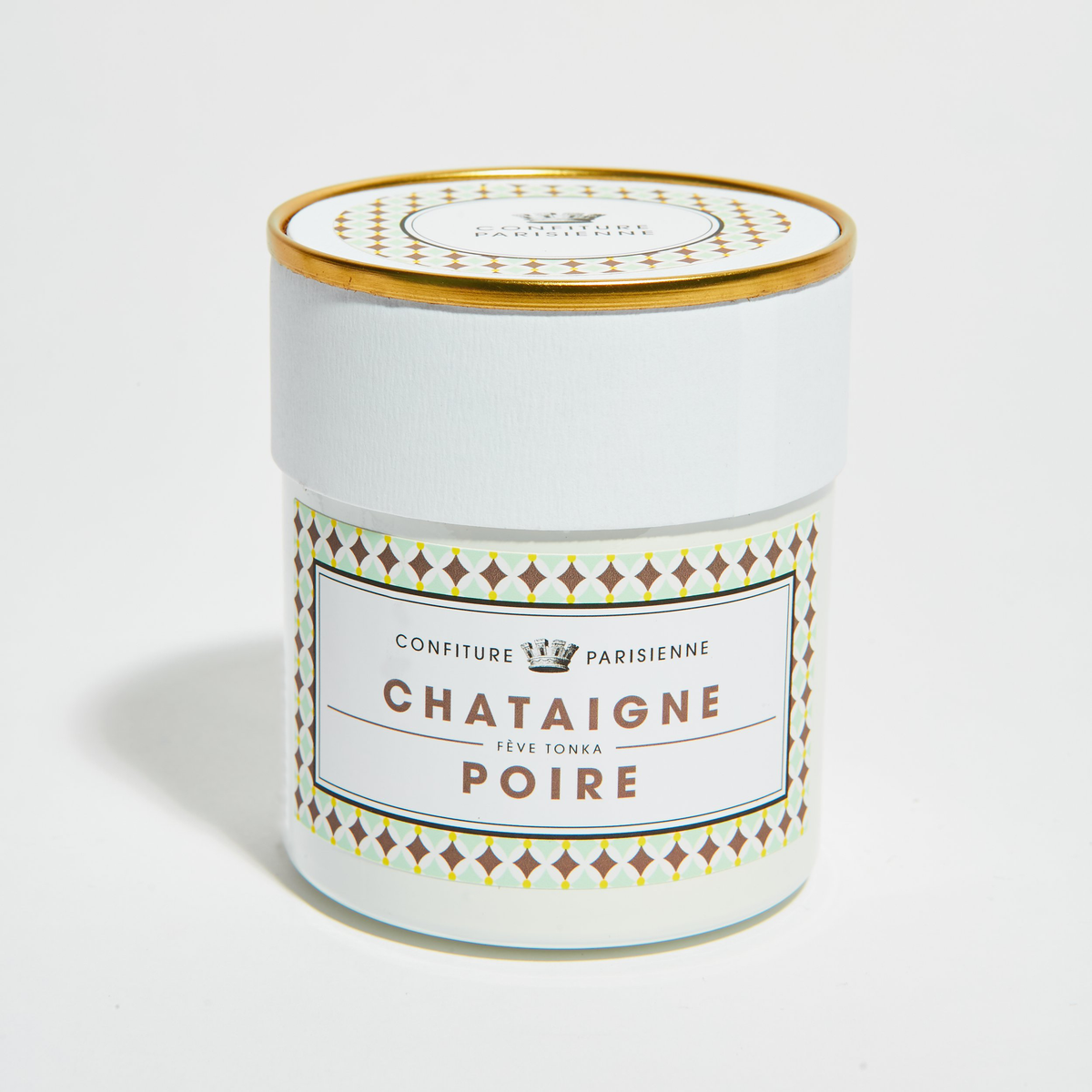 Pot Châtaigne Poire Fève Tonka à l'étiquette à losanges dorés, photographié sur fond blanc