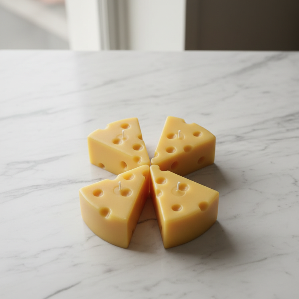 Cheese wheel candles on marble