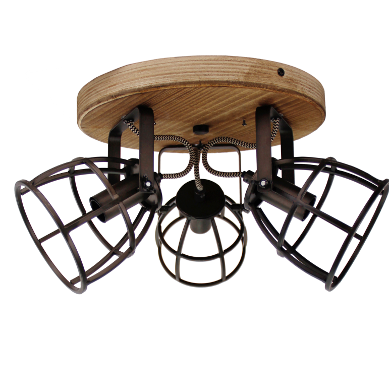 Detail van de zwarte Aperto plafondlamp met houten accents. Deze industriële lamp voegt karakter toe aan elke ruimte.
