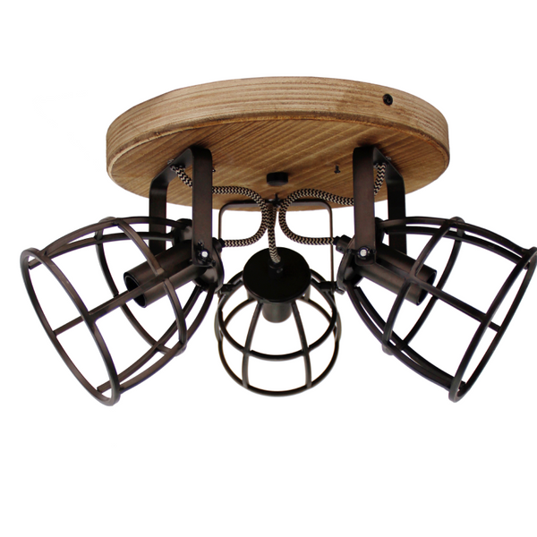 Detail van de zwarte Aperto plafondlamp met houten accents. Deze industriële lamp voegt karakter toe aan elke ruimte.