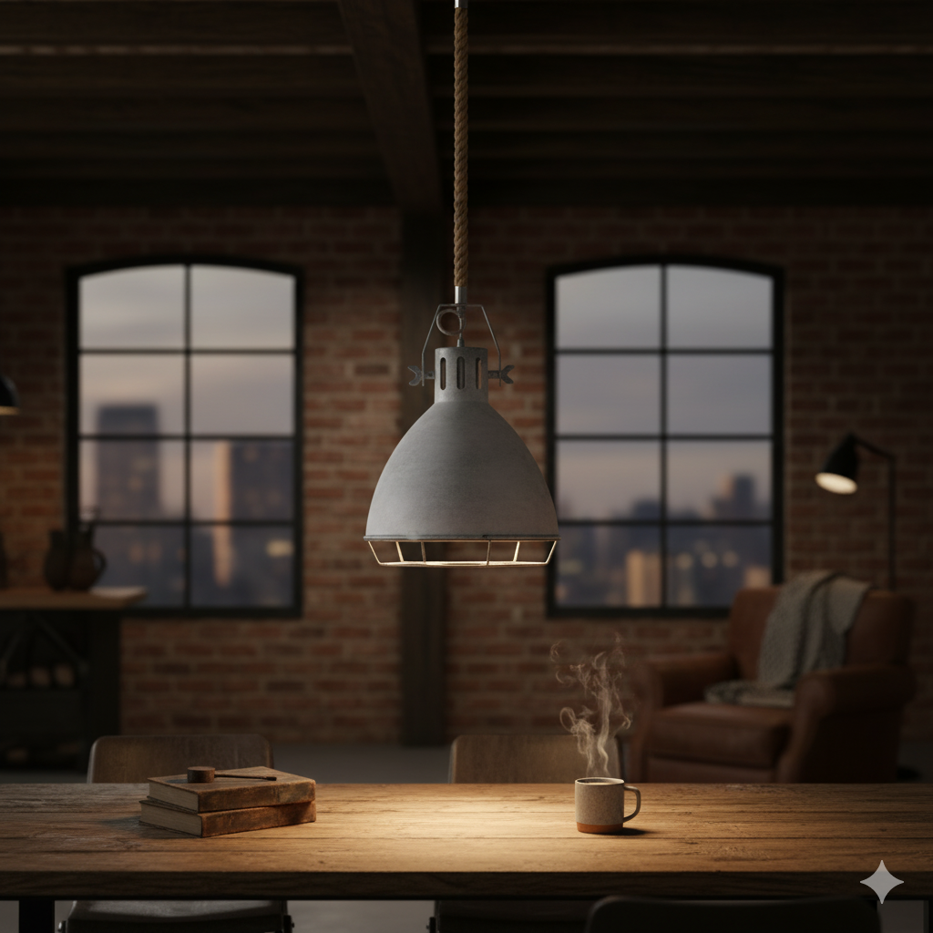In de lucht zwevend, voegt deze lichtgrijze hanglamp een industriële charme toe aan elke ruimte.