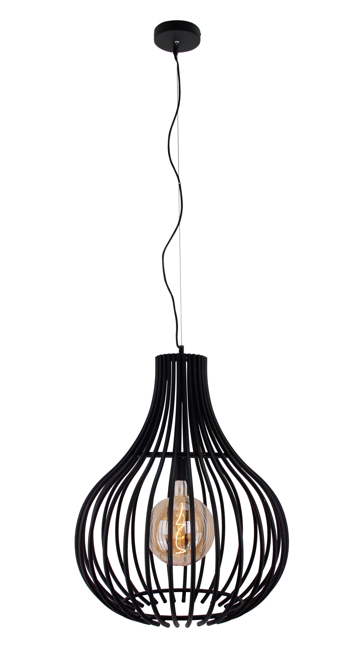 Deze gedetailleerde afbeelding toont de zwarte Goccia hanglamp met een modern design. Perfect voor een sfeervolle ambiance.