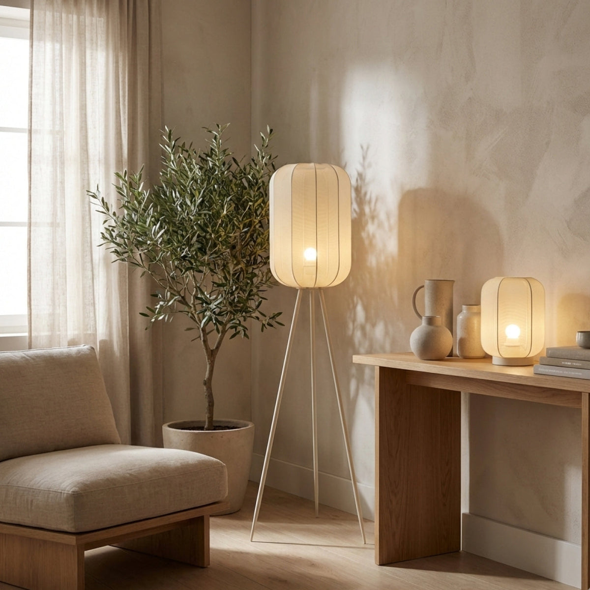Deze crèmekleurige tafellamp Lecce voegt een serene Japandi-sfeer toe. Perfect voor een rustgevende ambiance in huis.