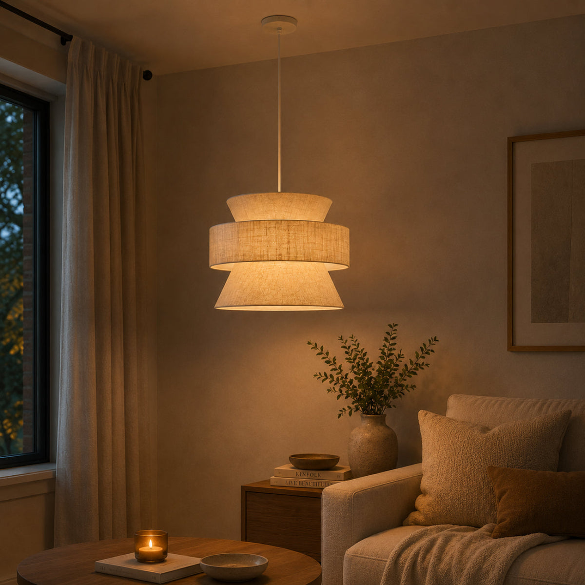 De Scarlisa hanglamp in beige brengt een warme, Japandi sfeer in je interieur. Perfect voor een gezellige eethoek.