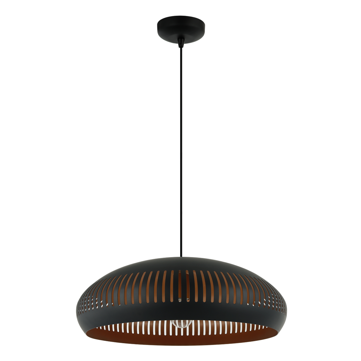 Deze zwarte Strisce hanglamp geeft een industriële flair aan je interieur.