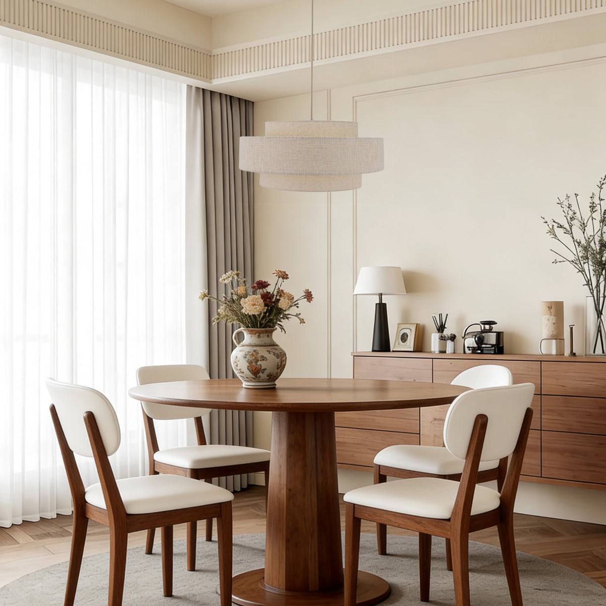 Beige Trilo hanglamp in zachte linnen-look. Een sfeervolle toevoeging voor een Japandi geïnspireerde ruimte.