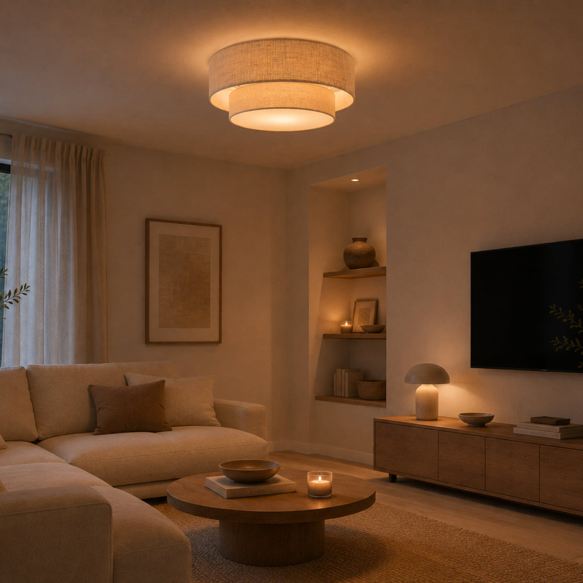 Beige Trilo plafondlamp in katoen en linnen. Voegt een warme, Japandi sfeer toe aan jouw interieur.