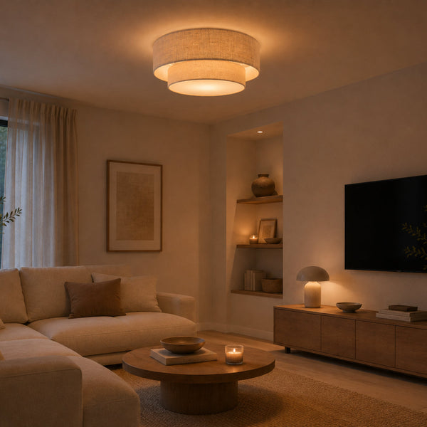 Beige Trilo plafondlamp in katoen en linnen. Voegt een warme, Japandi sfeer toe aan jouw interieur.