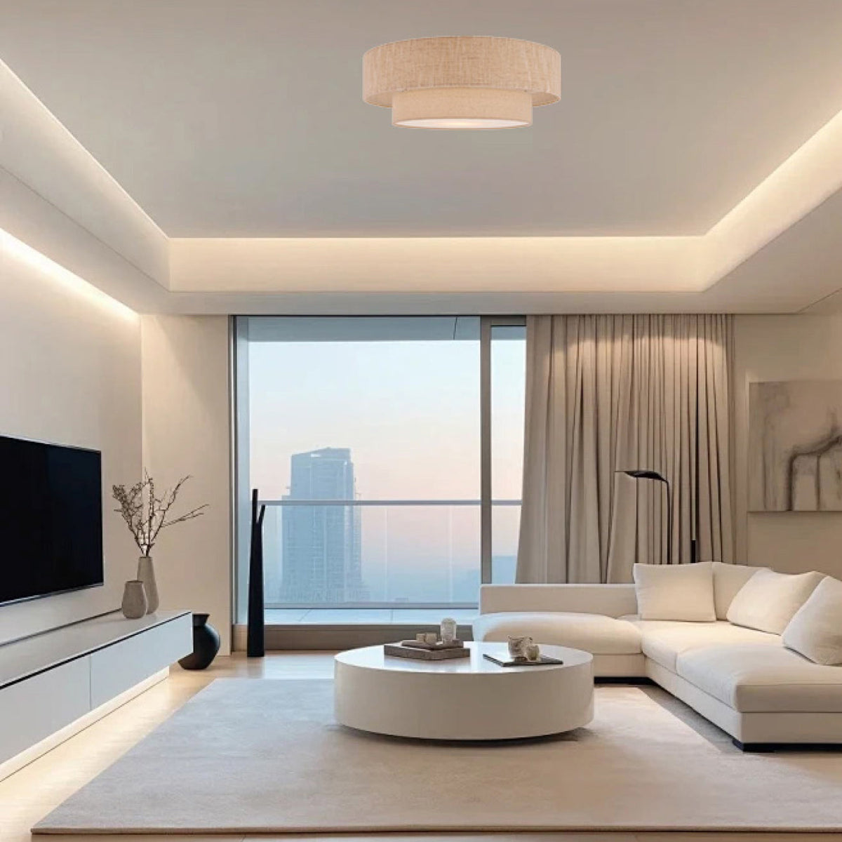 De beige Trilo plafondlamp voegt een warme, Japandi-sfeer toe aan je interieur. Perfect voor een serene uitstraling.