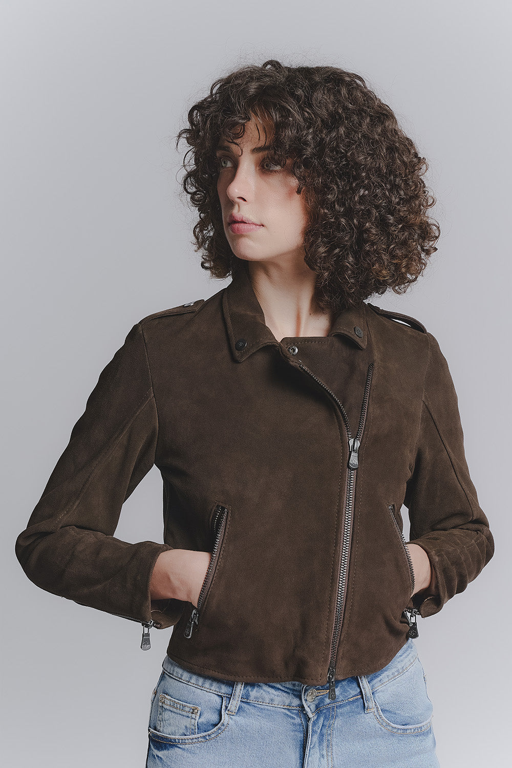 Women's Bis Suede Dark Brown Biker Jacket