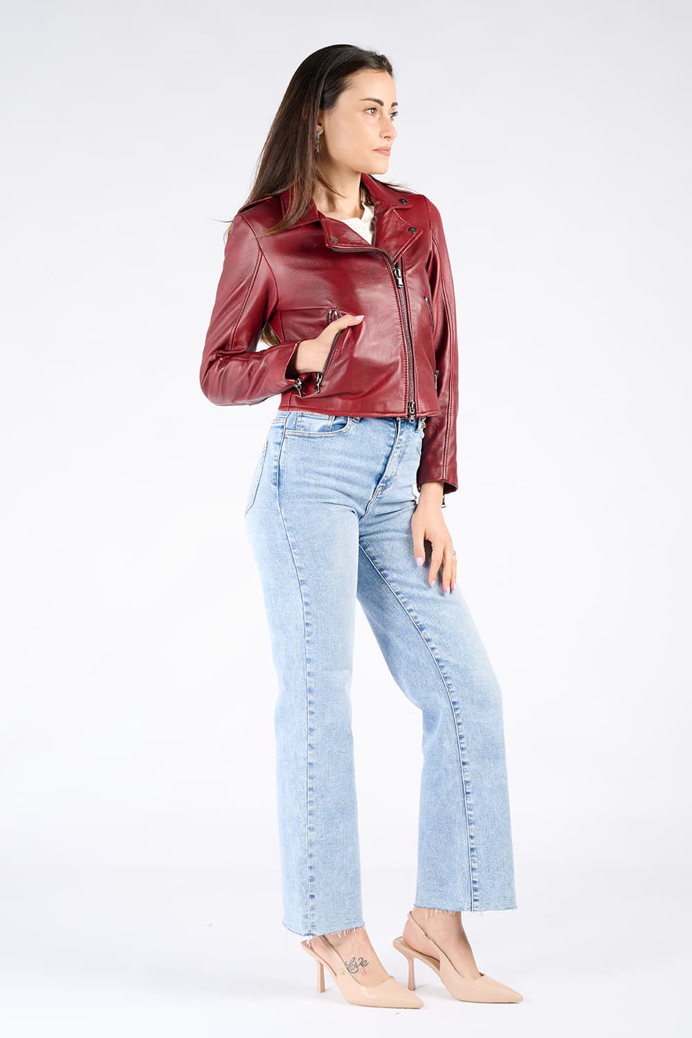 Chiodo Donna Bis Rosso Fiorentino giacca 100% vera pelle Made in Italy - Barone Firenze