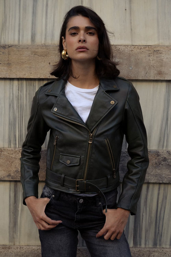 Chiodo Donna Verde giacca 100% vera pelle Made in Italy- Barone Firenze