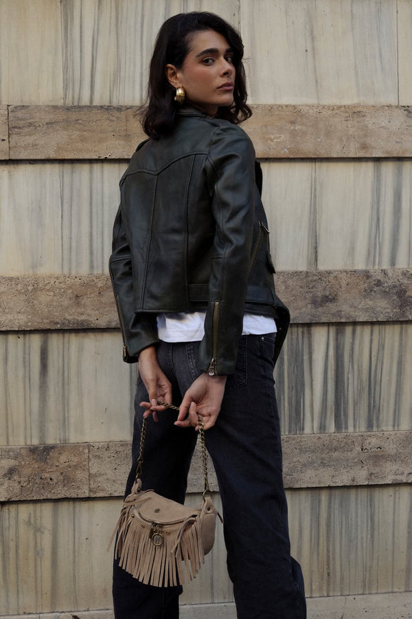 Chiodo Donna Verde giacca 100% vera pelle Made in Italy- Barone Firenze