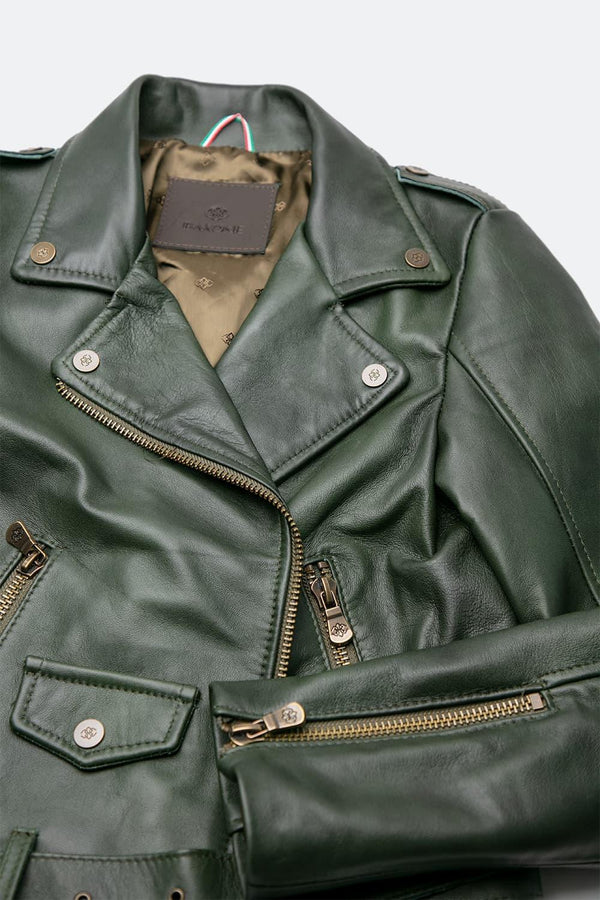 Chiodo Donna Verde giacca 100% vera pelle Made in Italy- Barone Firenze
