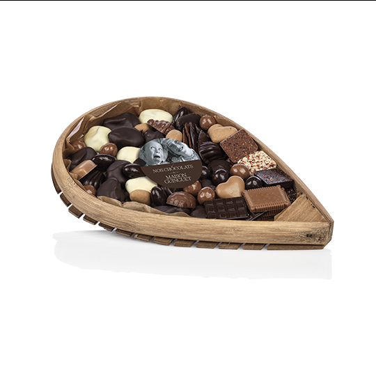 WOODEN TRAY FILLED WITH CHOCOLATES