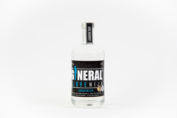 Bottle of London Dry Gin with a black label featuring blue accents, set against a white background on a clean surface.
