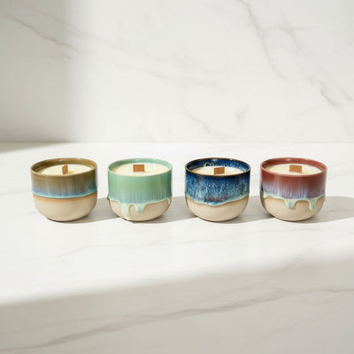 Four CocoBee Coffee Candles in handmade ceramic cups