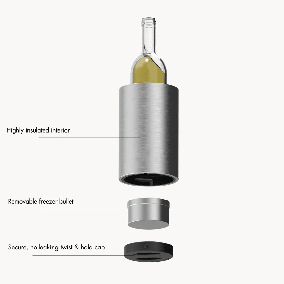 Coolenator silver classic design wine cooler with a bottle of wine taken a part to show clearly which parts make the coolenator