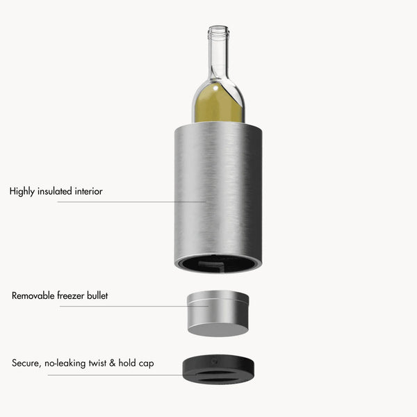 Coolenator silver classic design wine cooler with a bottle of wine taken a part to show clearly which parts make the coolenator
