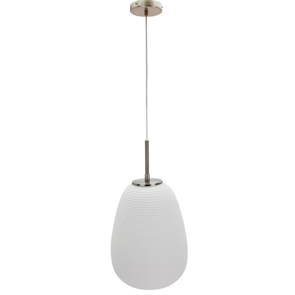 Detailfoto van de Costola hanglamp in wit en transparant glas. Een moderne blikvanger die elke ruimte verlicht met stijl.