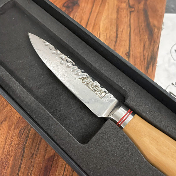 9 cm Office Knife Damascus Olive VG10 - Wusaki