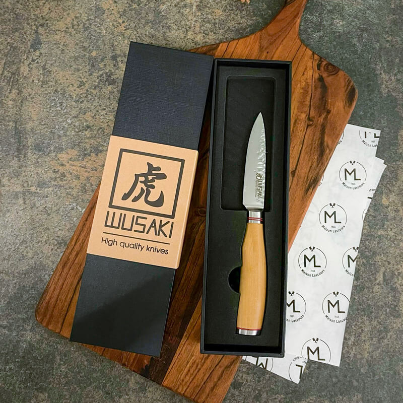 9 cm Office Knife Damascus Olive VG10 - Wusaki