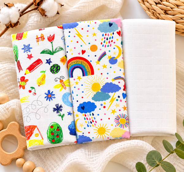 Set of 3/1 premium thicker cotton tetra diapers - Drawing and playful universe