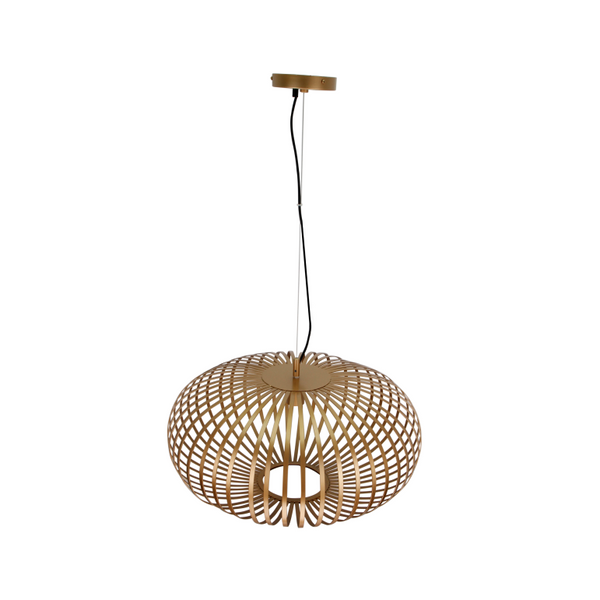 Detailweergave van de gouden Curvato hanglamp. Deze industriële lamp voegt een luxe touch toe aan ieder interieur.